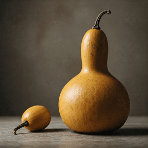 A large gourd and a smaller gourd on a textured surface 