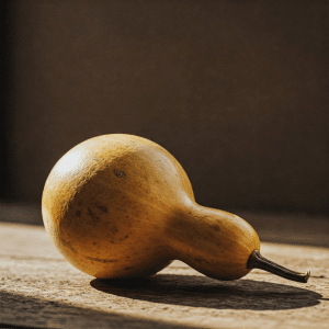 Gourd on weathered wood lit by sunlight 