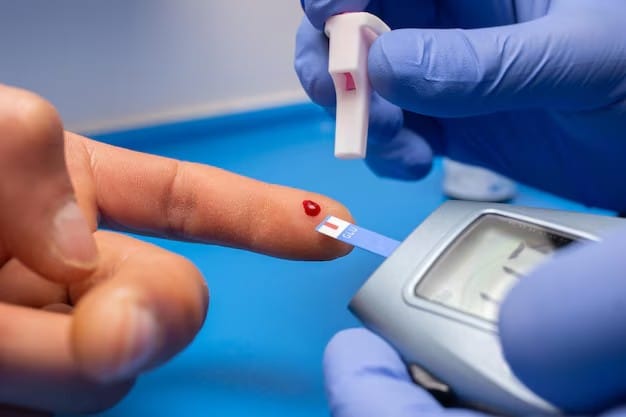 Close-up of a blood sugar test with a glucose meter