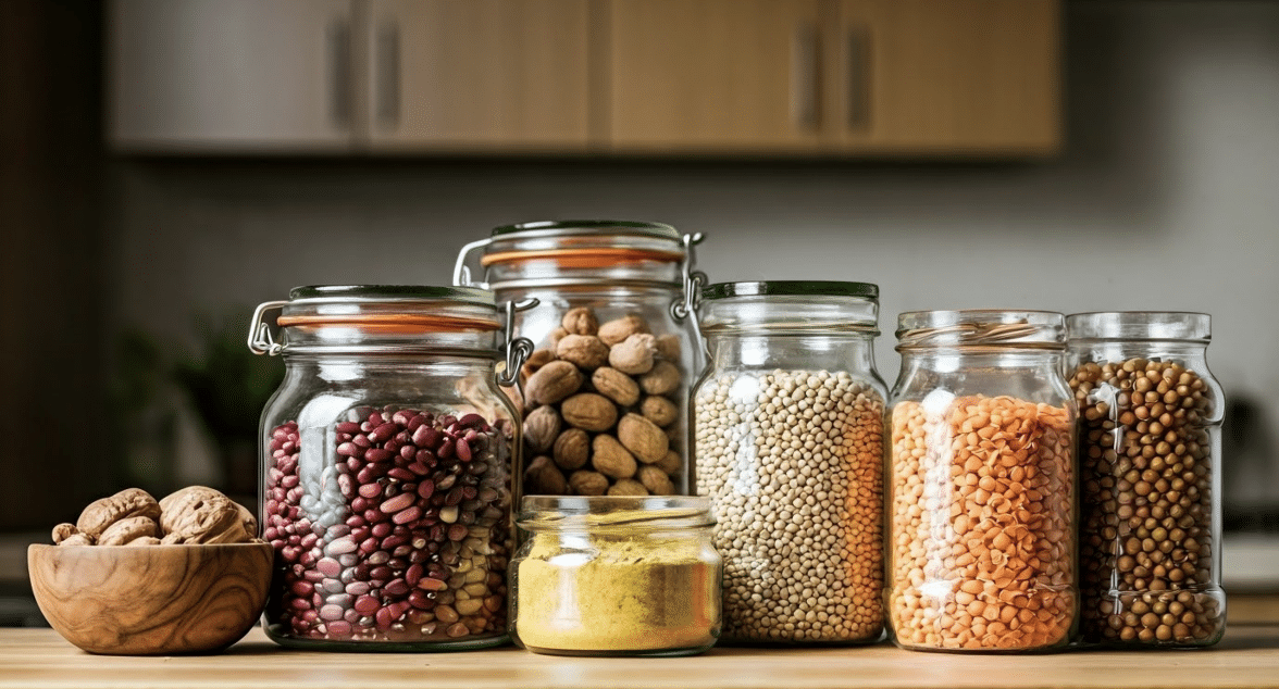 A collection of glass jars filled with various dried beans lentils nuts and seeds