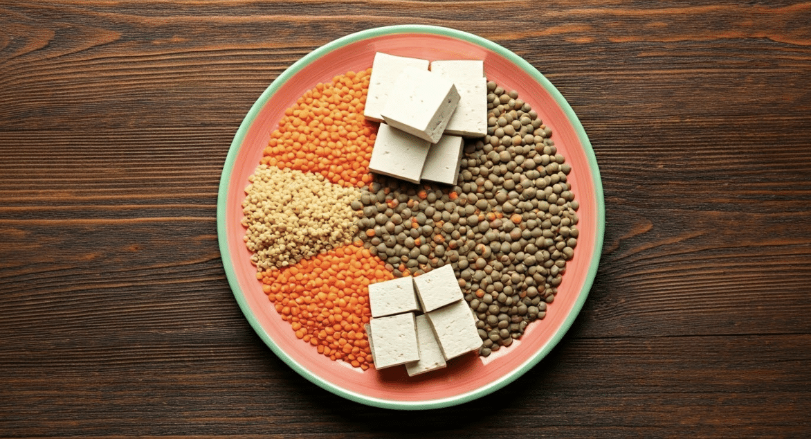 A plate with a variety of plant based protein sources including tofu and different types of lentils 