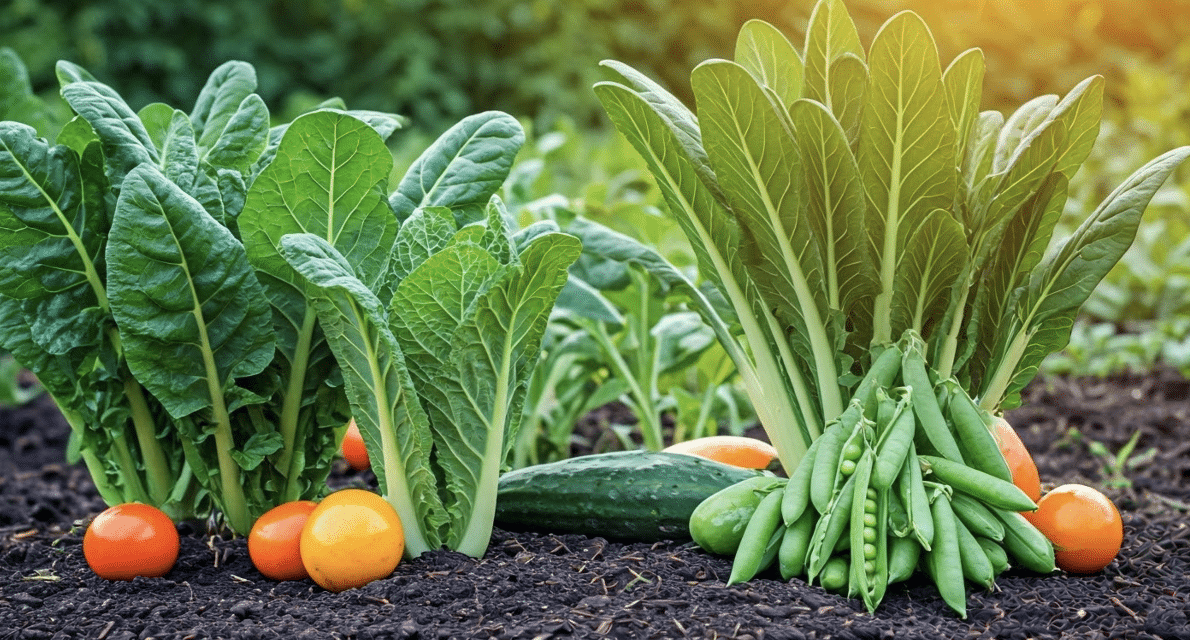 A variety of fresh vegetables growing in a garden including tomatoes cucumbers peas and leafy greens 