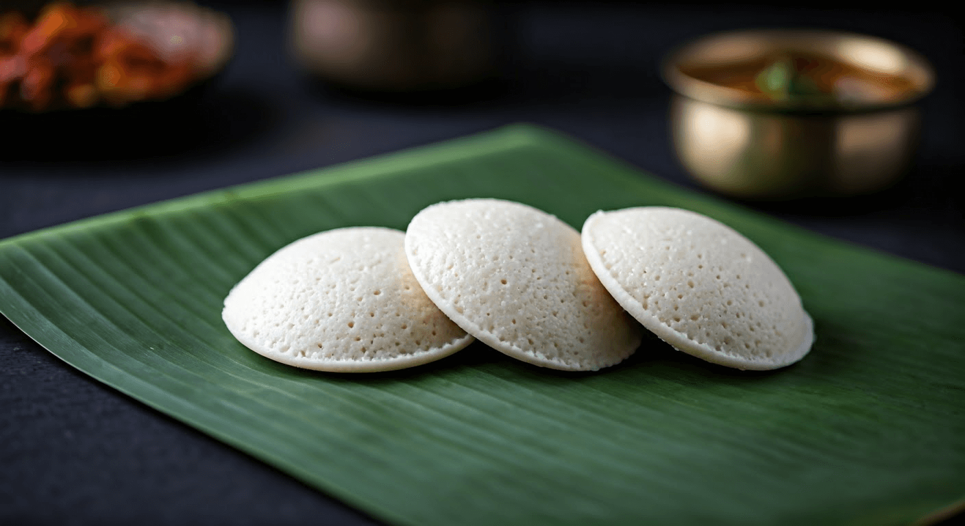 Freshly steamed idlis on a leaf