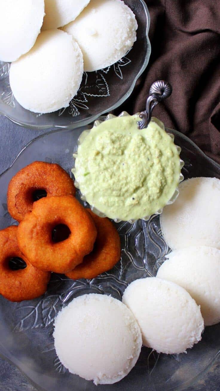 Idli vada chutney laid out on a table