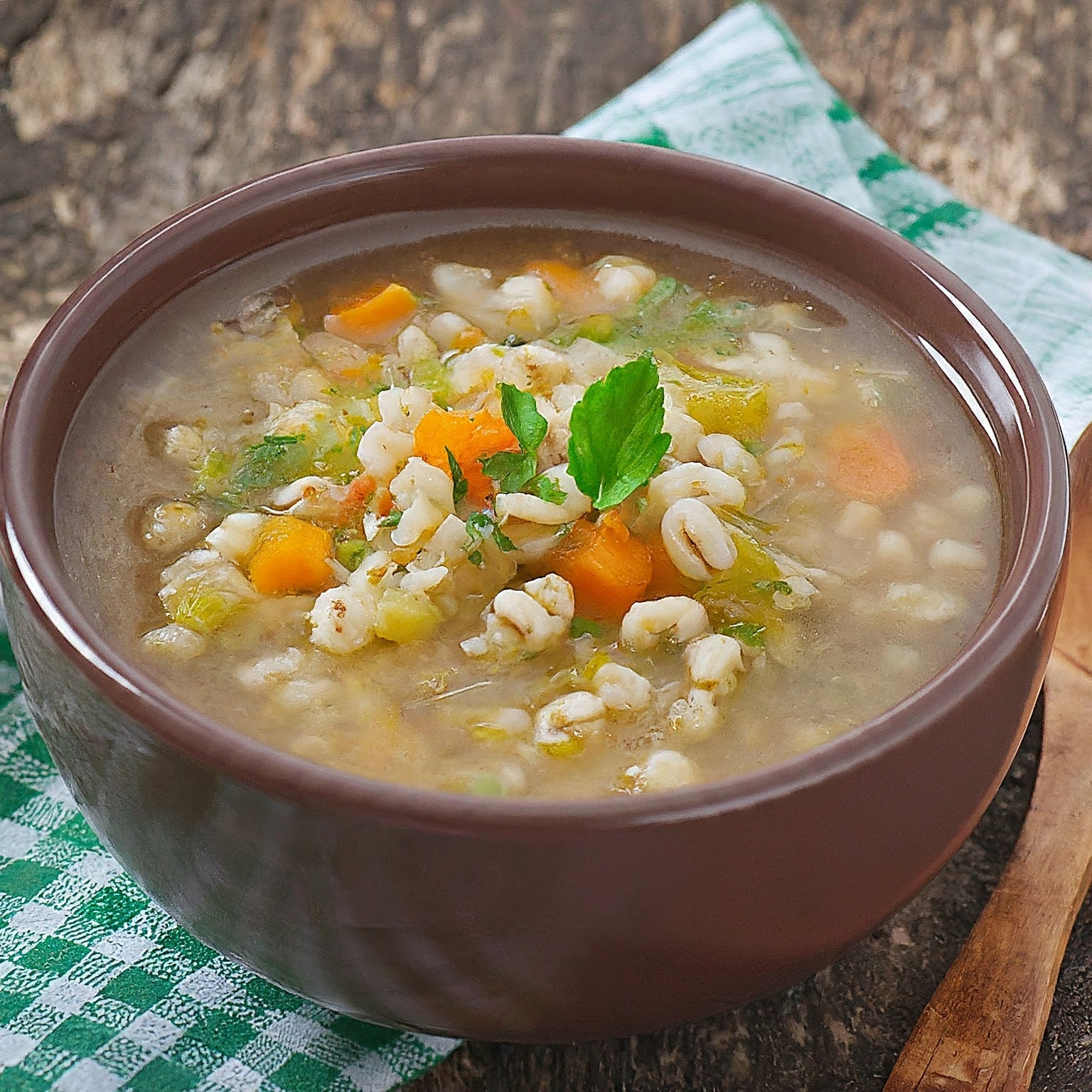 Barley soup with veggies and garnished with coriander