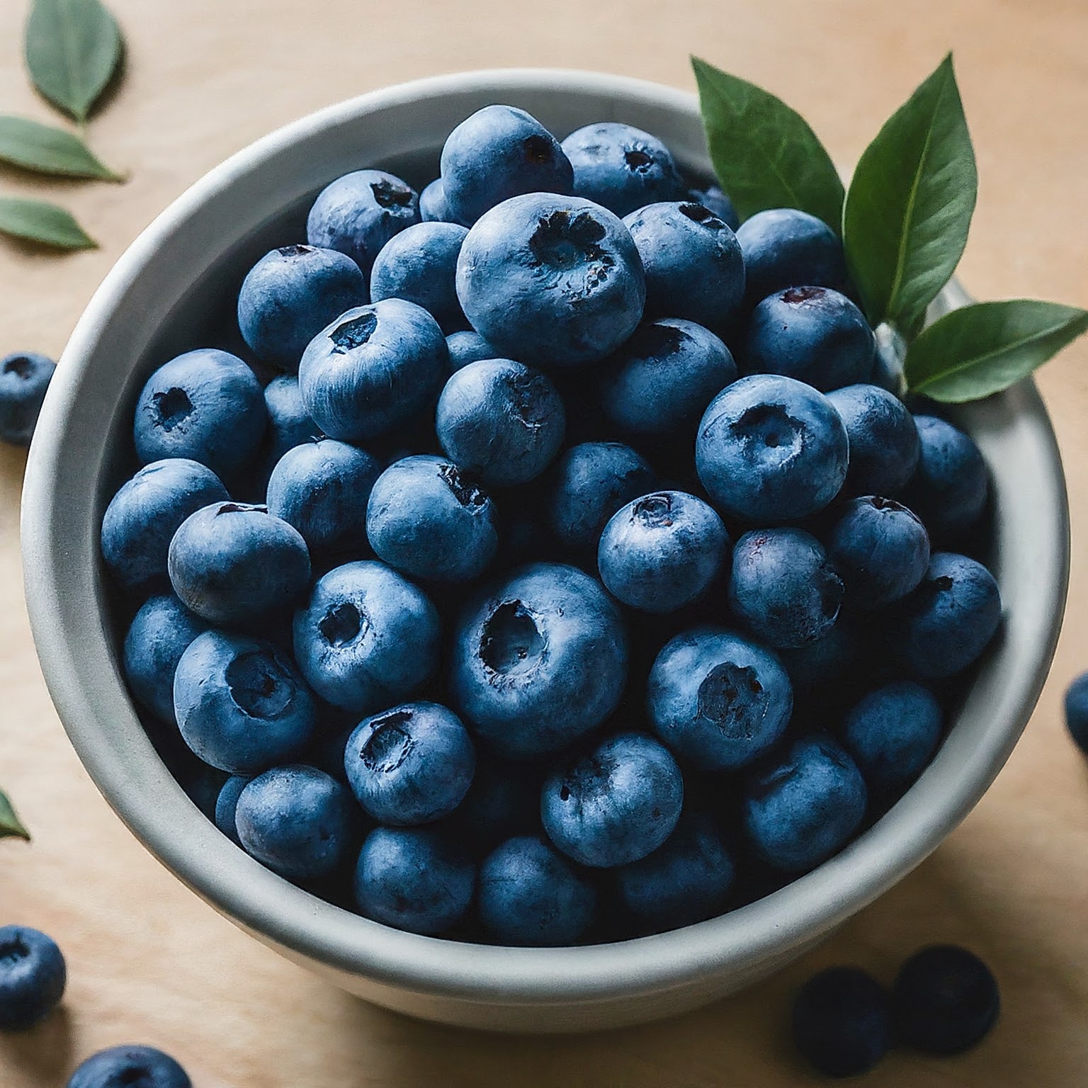 A bowl full of blueberries garnished with leaves