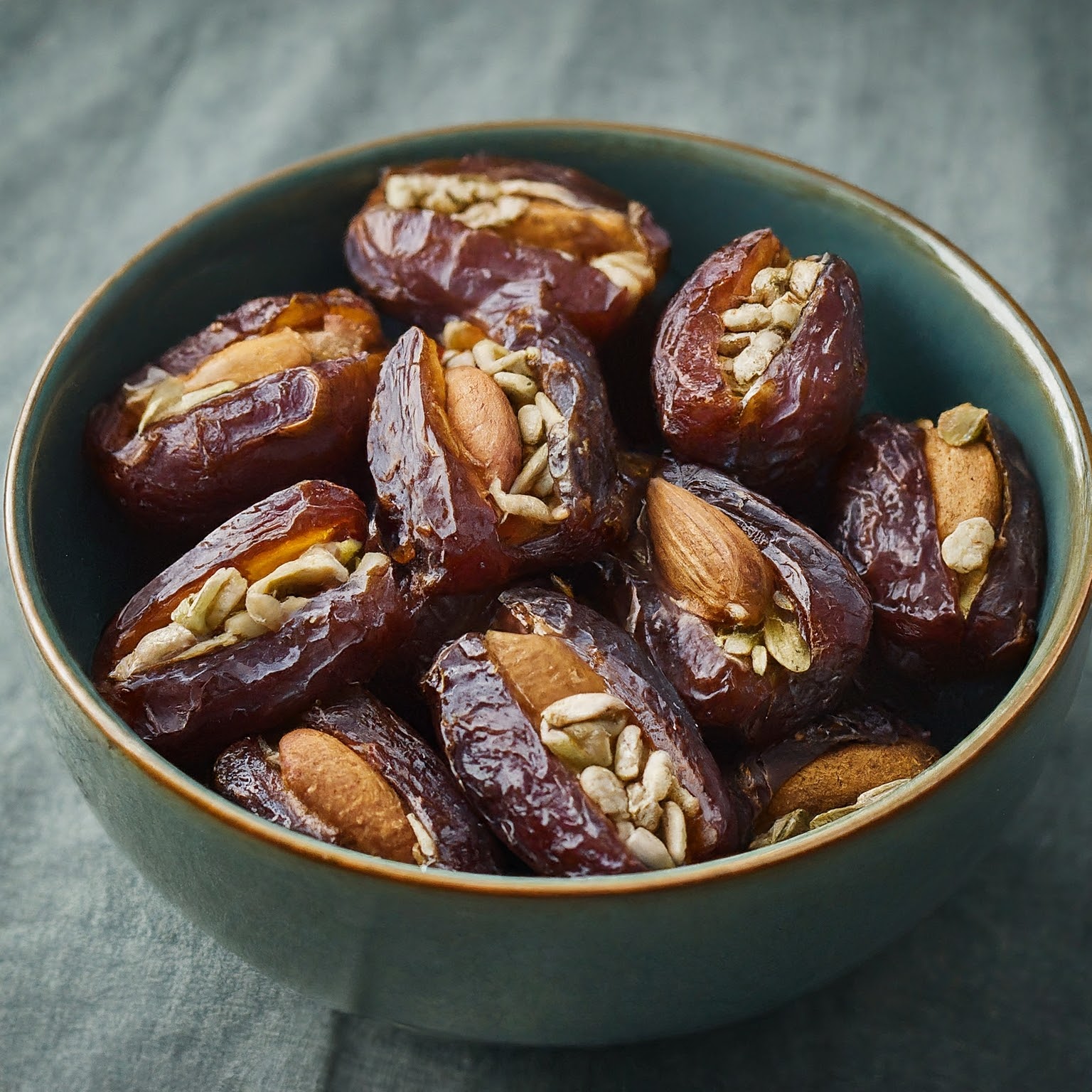 A bowl of dates filled with nuts and seeds