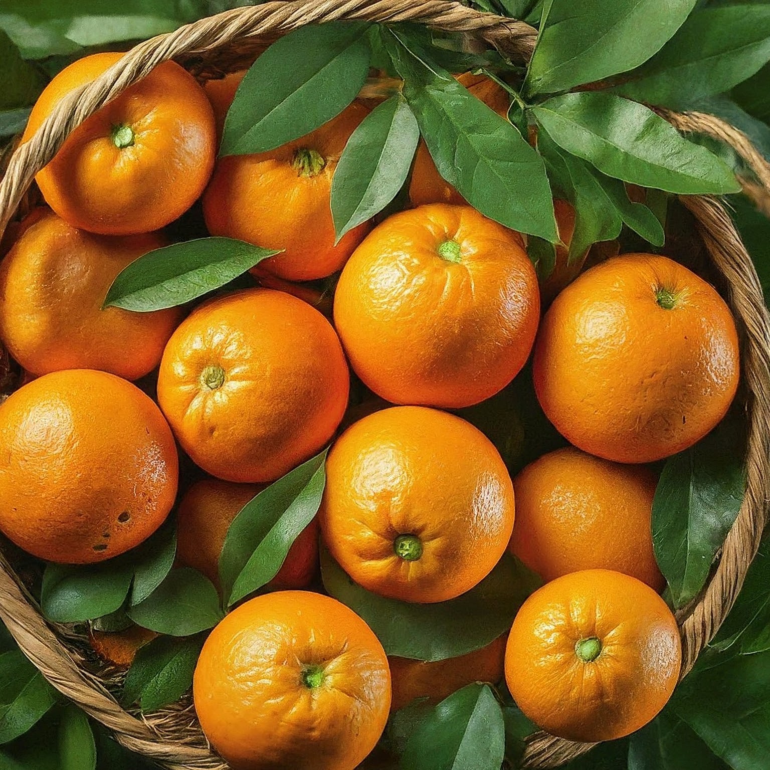 A basket full of oranges, their vibrant orange colour contrasting beautifully with the green leaves