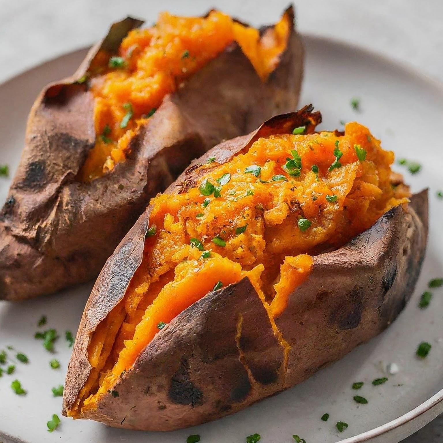 A roasted sweet potato with a crispy exterior and a soft, fluffy inside