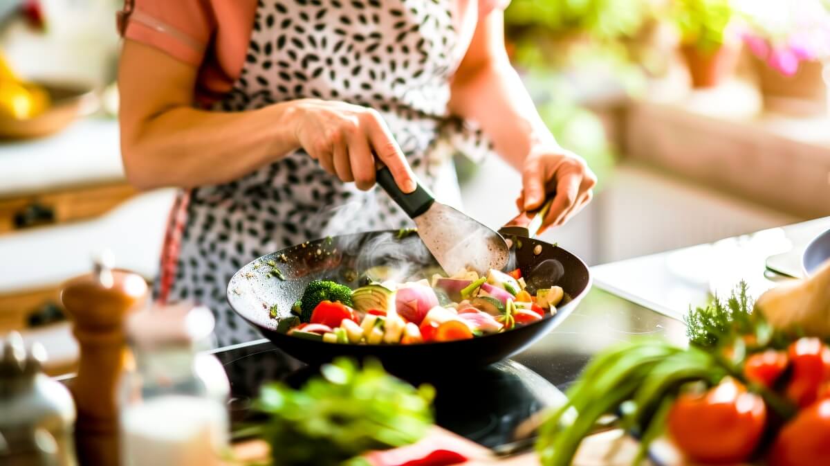 Woman Her Kitchen Surrounded By Fresh Ingredients Expertly Flips Vegetables Wok Delicious Stir Fry