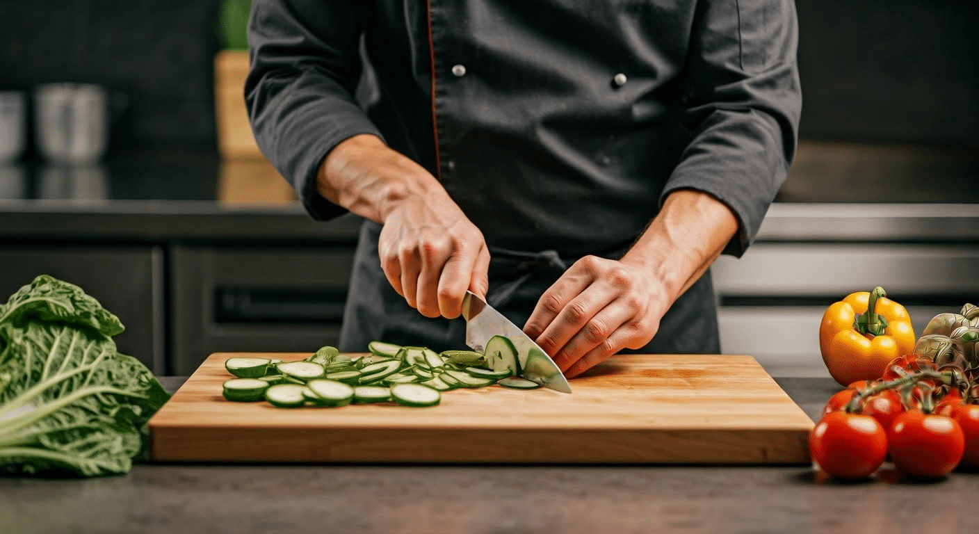 man slicing a vegetable