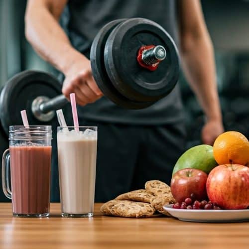 Person lifting weights with healthy foods