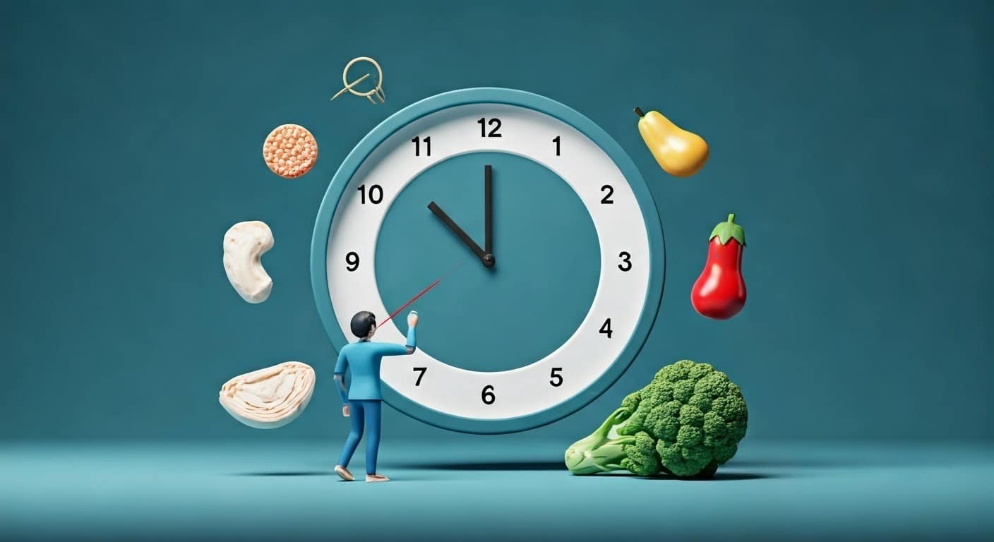 Person with clock and food variety