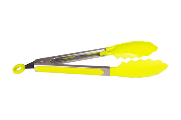 Bright yellow kitchen tongs with scalloped edges