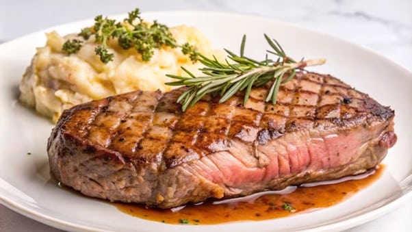 Grilled steak with mashed potatoes and rosemary