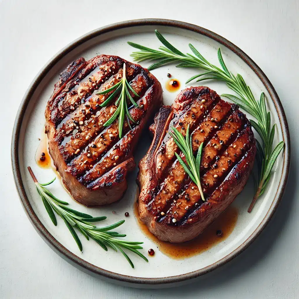 Two grilled steaks with rosemary on a plate