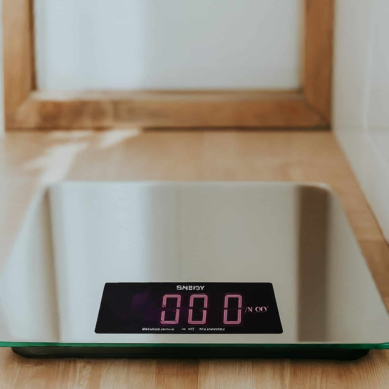 A modern, digital weighing scale with a sleek design.