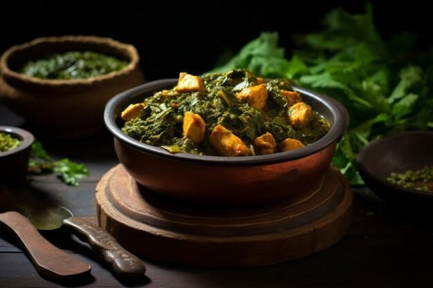 Green spinach curry with chunks of paneer