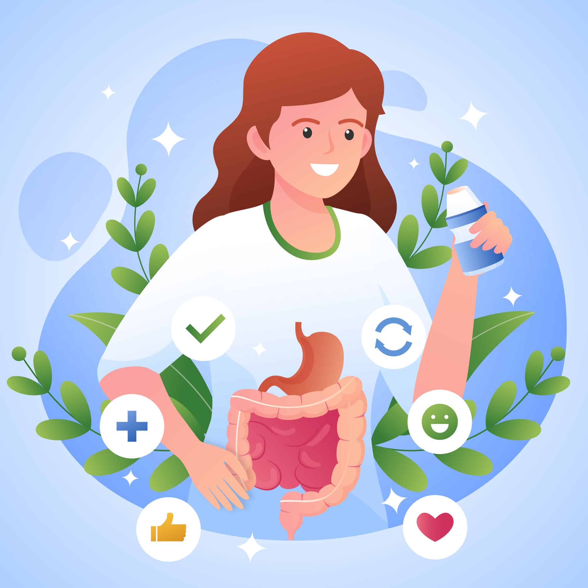 Smiling woman showcasing healthy digestion illustration.