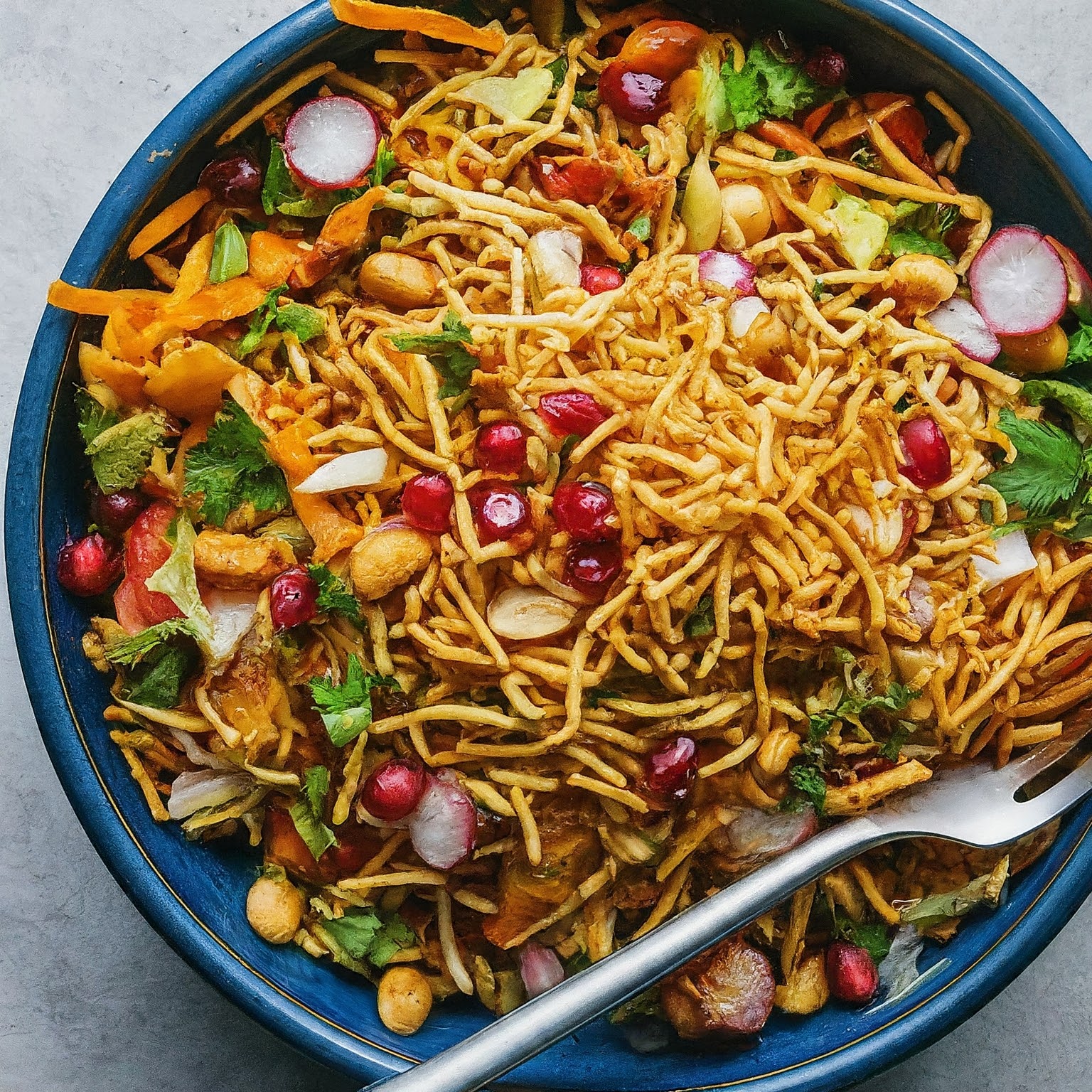 A colorful and flavorful Indian Chinese bhel served in a bowl topped with peanuts, pomegranate, and chopped veggies.