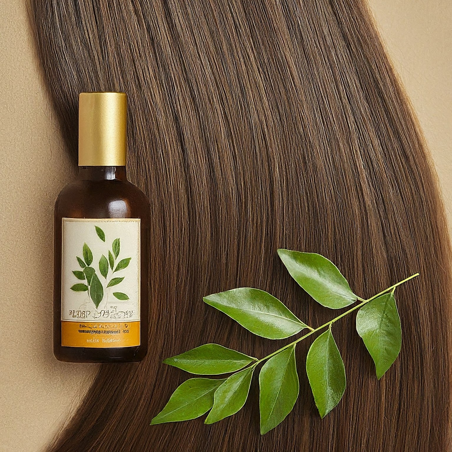 Long, straight hair with a single bottle of curry leaf oil placed gently beside it.