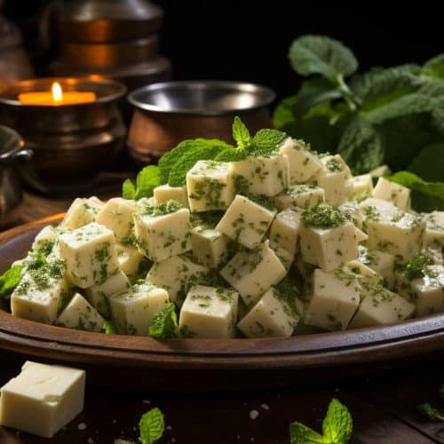 Paneer cubes garnished with fresh herbs