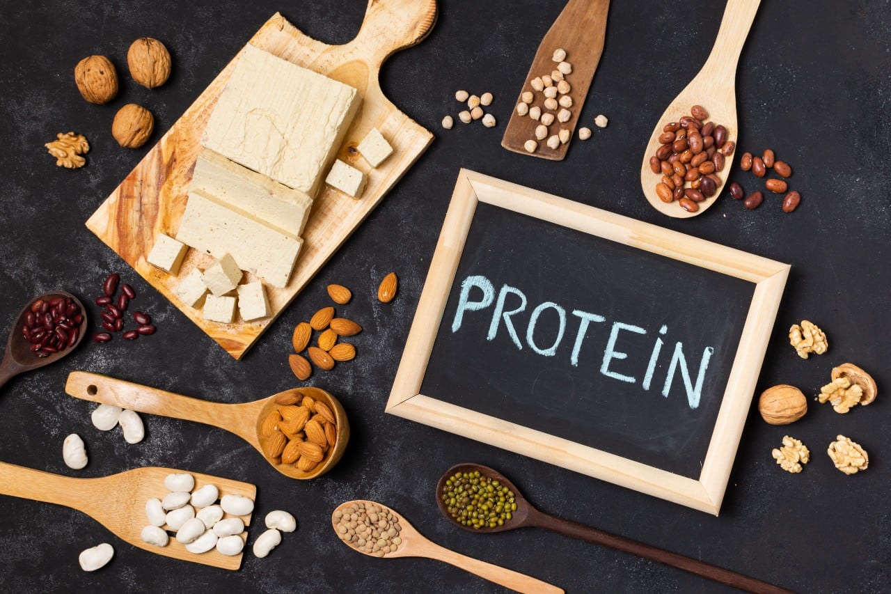 Various protein-rich foods and nuts displayed.