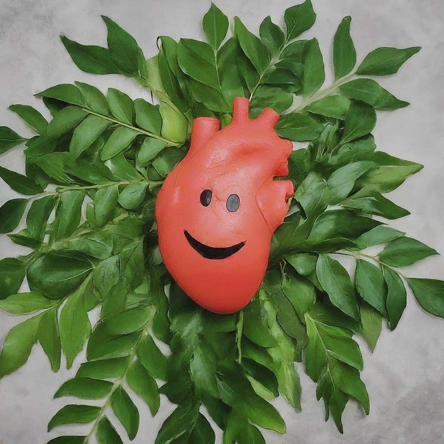 A smiling and healthy heart surrounded by curry leaves.