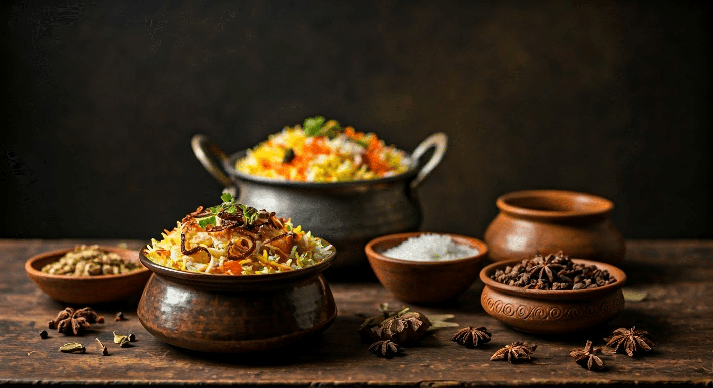 A pot of colorful biryani