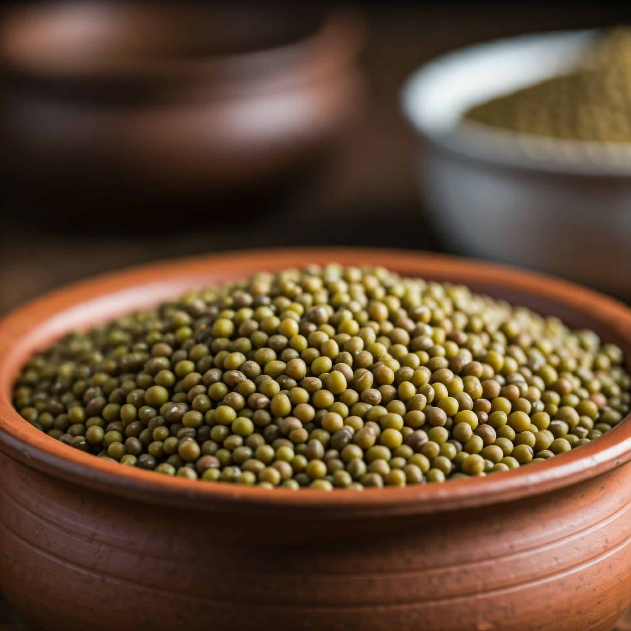 A bowl of uncooked moong dal lentils.