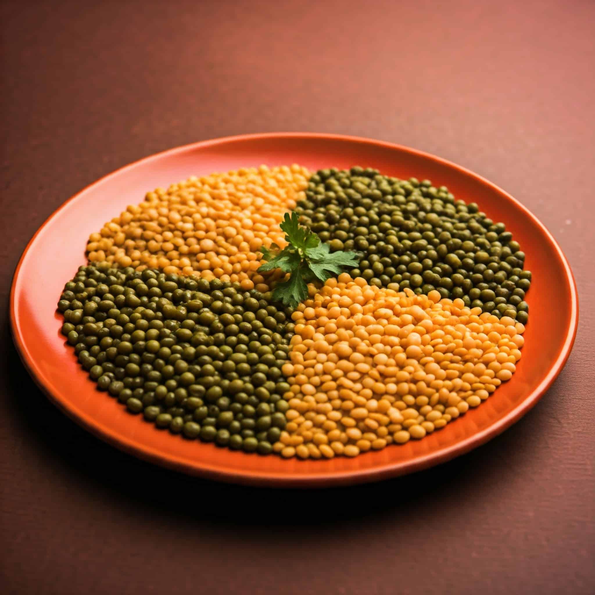 A colourful plate of different types of dal, including masoor dal, urad dal, toor dal, and moong dal.