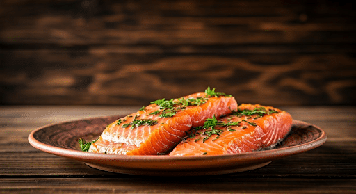 Plate of fatty fish on wooden table.