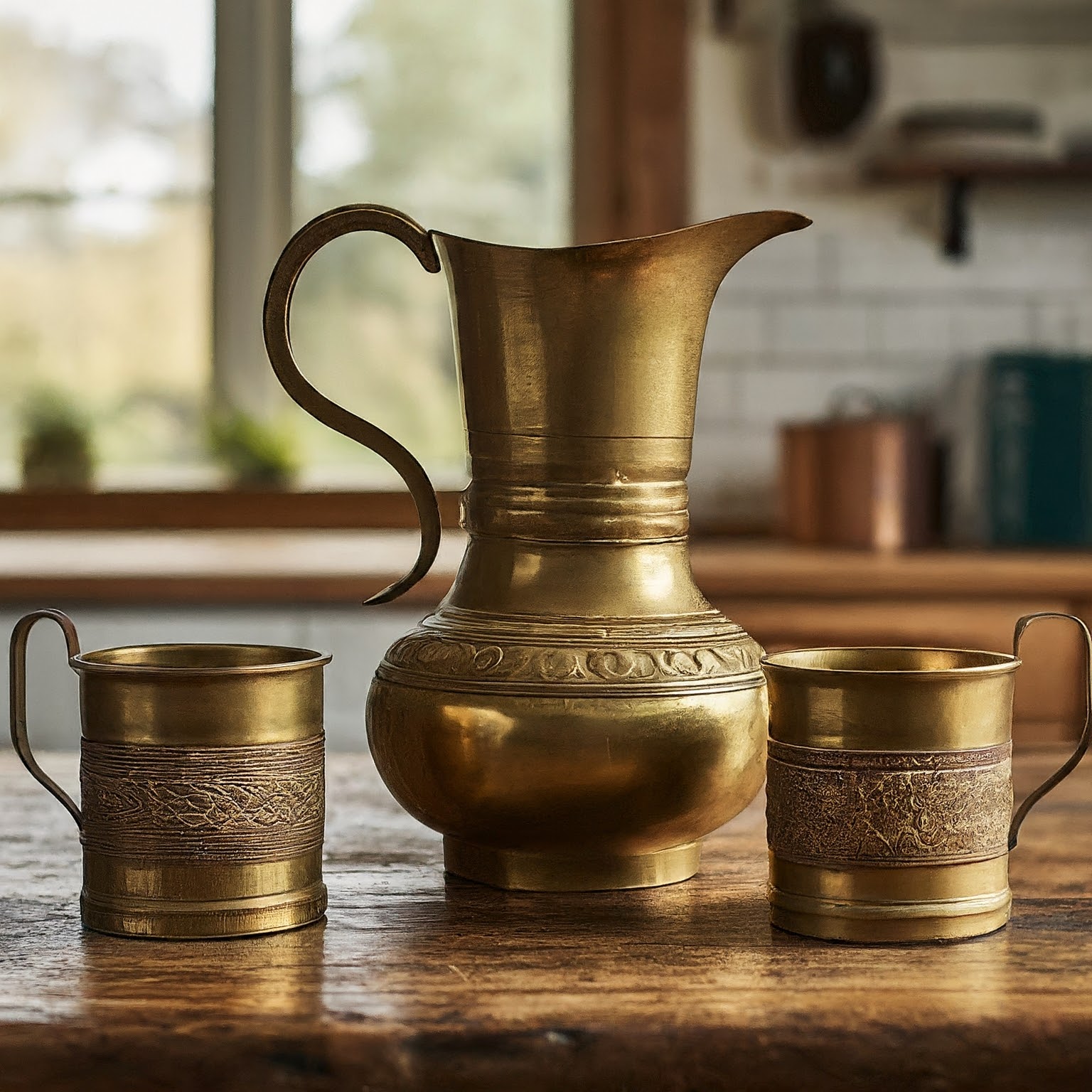 Brass jug and cups