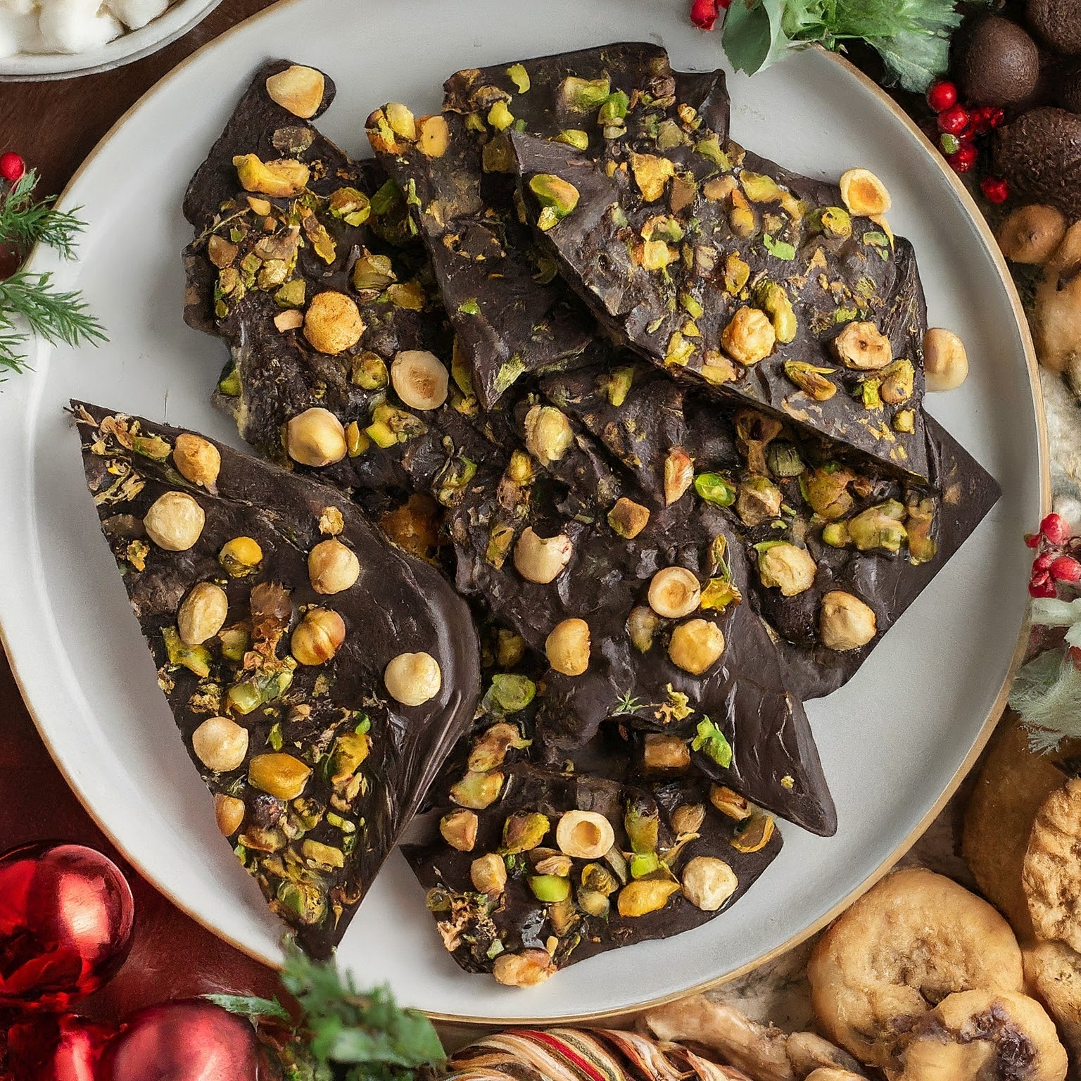 Roasted Hazelnut & Pistachio Dark Chocolate Bark