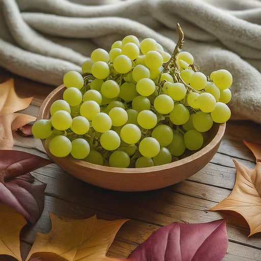 A bowl of green grapes on a wooden table, surrounded by autumn leaves and a cosy blanket.