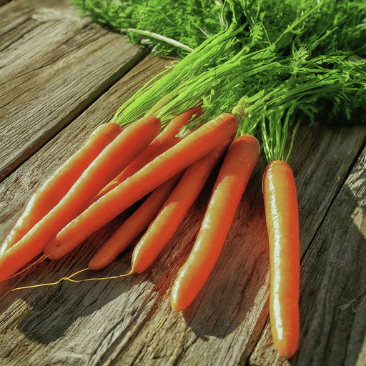 A bunch of fresh carrots with green tops, lying on a wooden table.