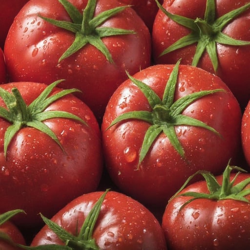 A close up shot of a cluster of plump ripe tomatoes with green stems and glistening water droplets