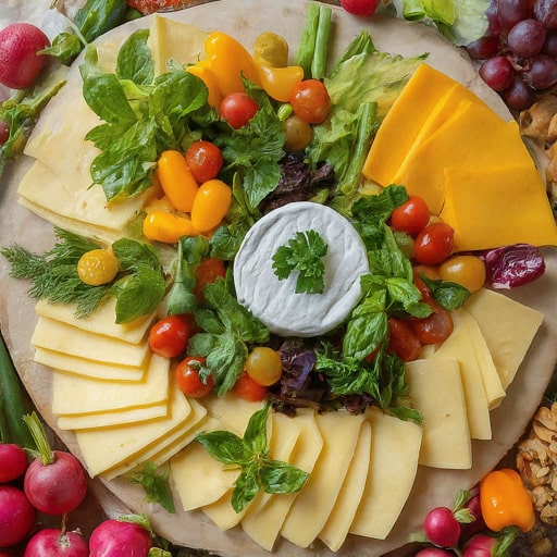 A colourful and inviting cheese platter featuring a variety of cheeses, vegetables, and herbs.