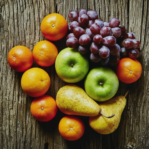 A heart-shaped arrangement of fruits on a rustic wooden table, including apples, pears, grapes, and oranges.