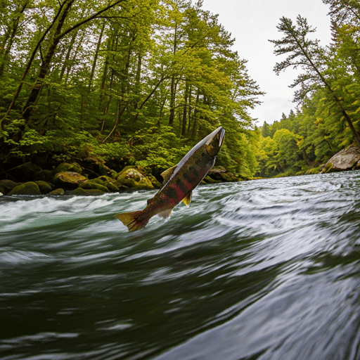 A salmon swimming upstream in a river with its tail propelling it against the current 