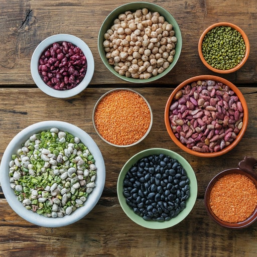 A variety of dried legumes in bowls, including chickpeas, lentils, black beans, mung beans, and kidney beans.