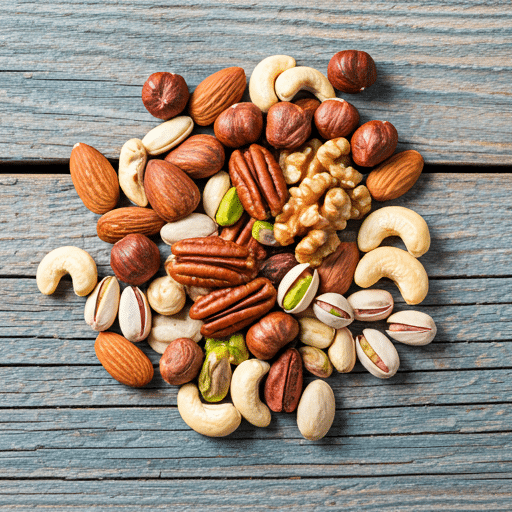 A variety of nuts, including almonds, walnuts, cashews, pecans, hazelnuts, and pistachios, scattered on a wooden table