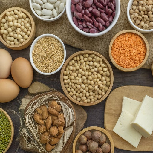 A variety of protein-rich foods, including eggs, tofu, beans, lentils, nuts, and whole grains, arranged on a wooden table.