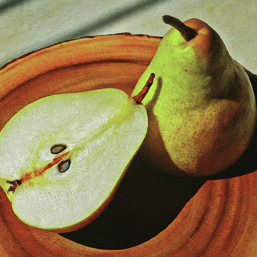 A whole pear and a half of a pear on a wooden plate