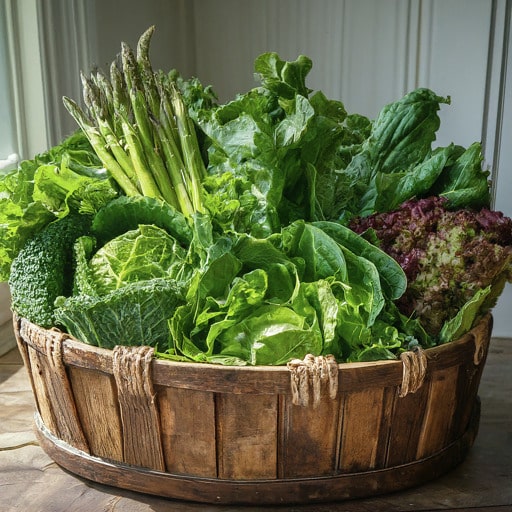 An overflowing basket of fresh leafy green vegetables 