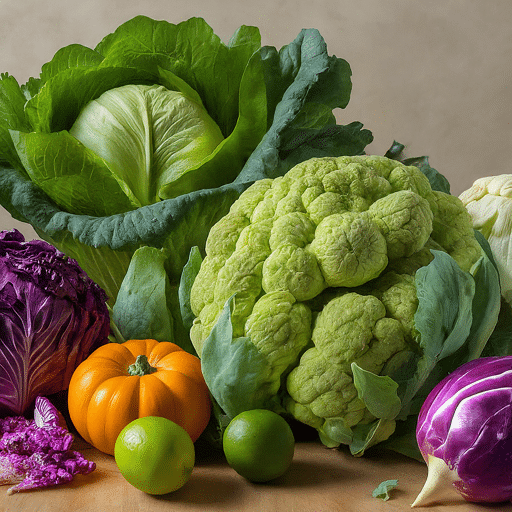 Colourful cruciferous vegetables, including cabbage, cauliflower, and pumpkins, displayed on a wooden table.