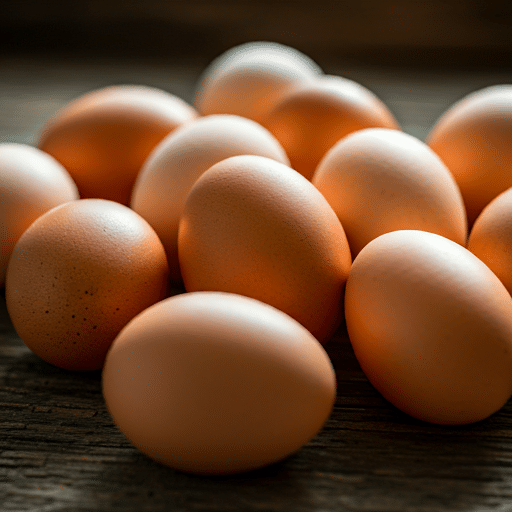 Fresh eggs on a rustic wooden table, with natural light illuminating their shells.