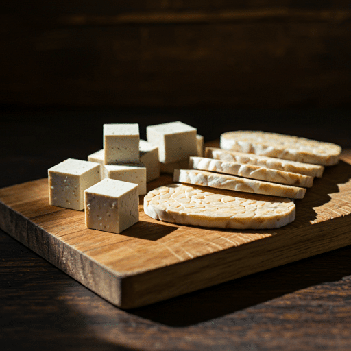 Tofu cubes and tempeh slices on a rustic wooden cutting board.