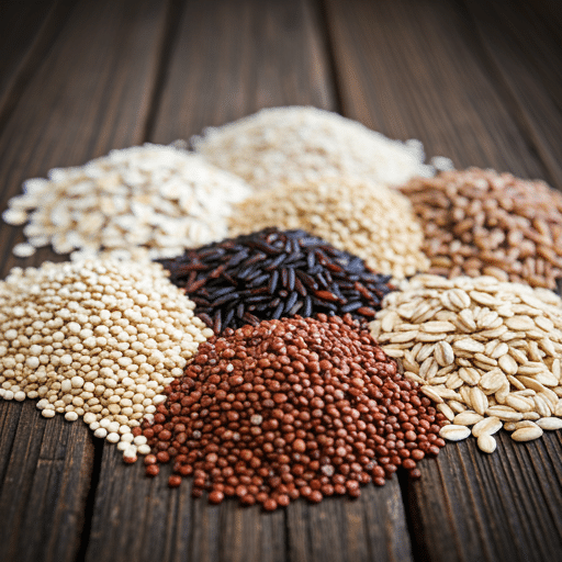 Collection of whole grains - brown rice, quinoa, wheat berries, oats, and barley