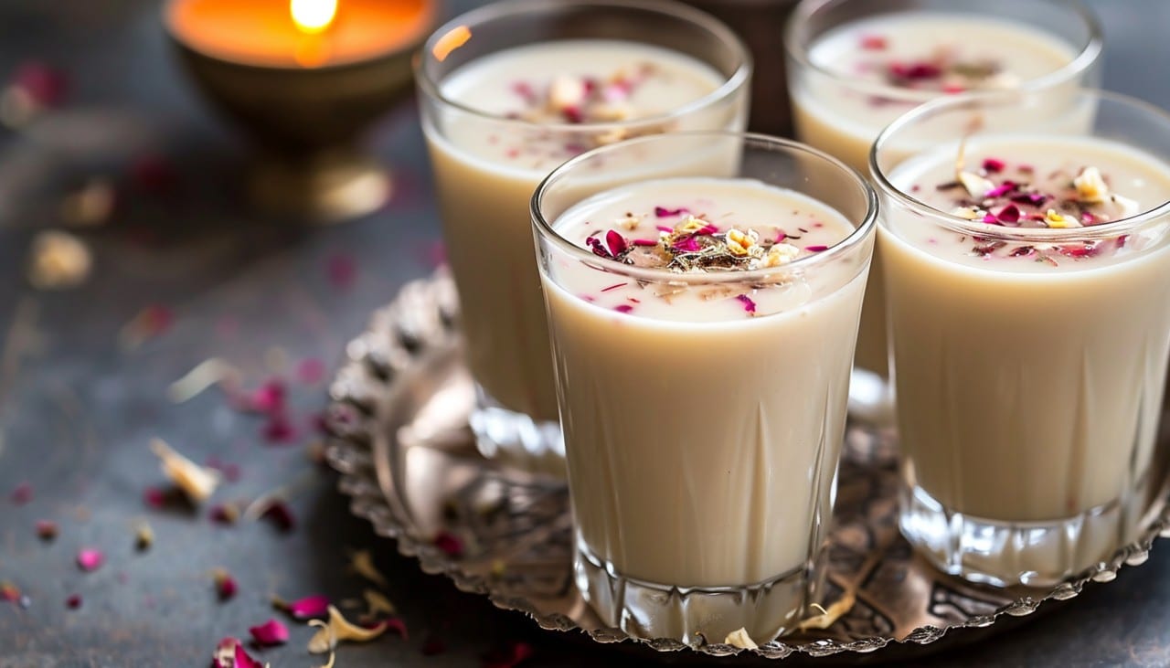 A glass of refreshing Thandai with nuts and spices